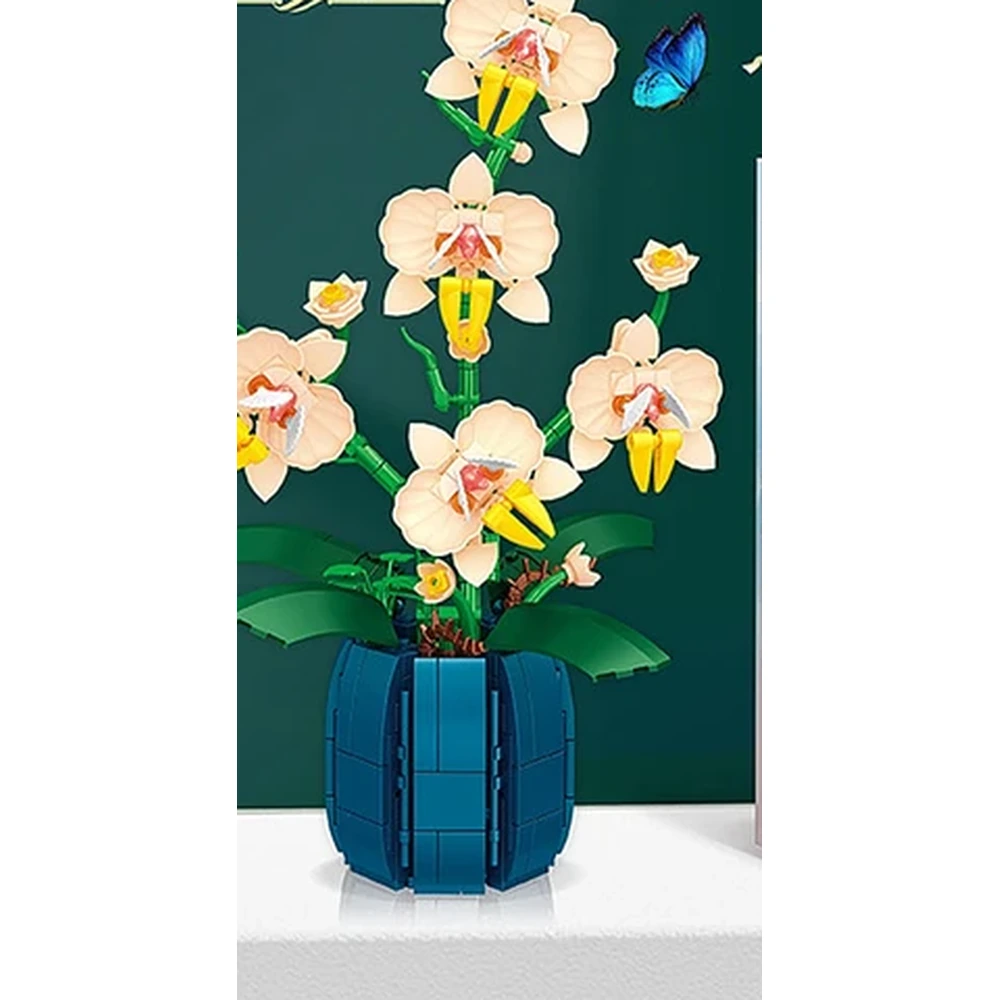 Orchidée en Briques avec Pot Bleu - 606 pièces