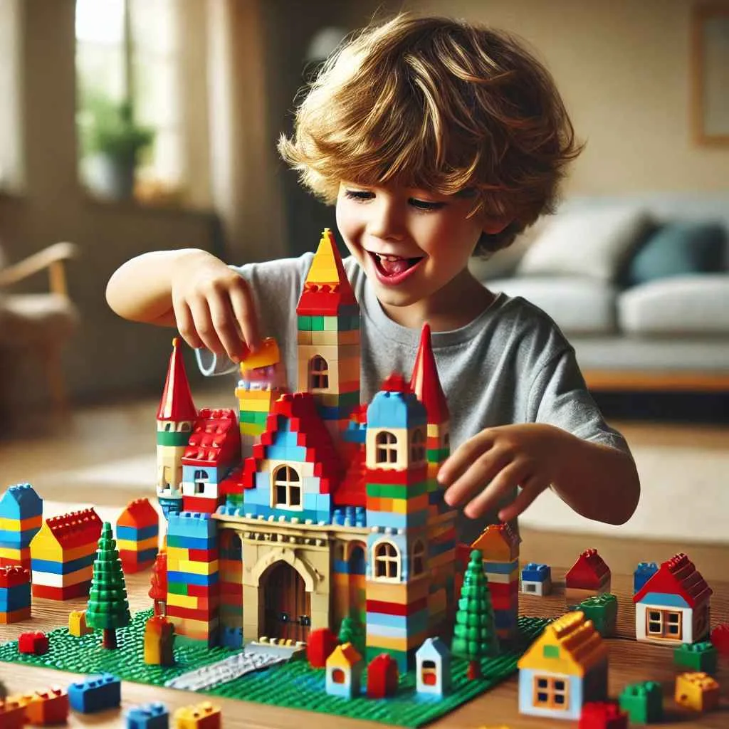 Enfant heureux construisant un jouet en brique