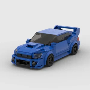 Vue avant d’une voiture de course bleue en briques de construction avec un design réaliste.