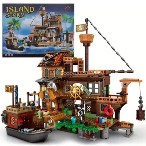 Packaging du coffret de construction ‘Island Storm’ avec vue complète de l’île et du navire.