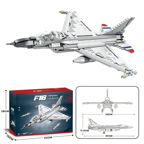 Dimensions complètes du modèle F-16 Fighting Falcon : 49 cm de long, 34 cm de large et 17,5 cm de hauteur.