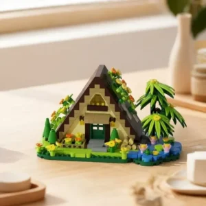 Cabane tropicale avec palmiers en briques