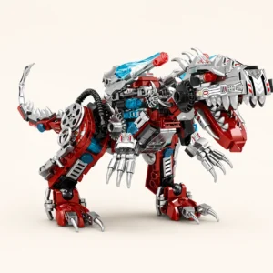 Dinosaure mécanique rouge et argent en briques