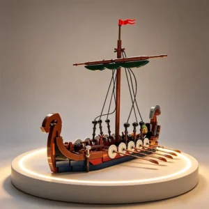 Drakkar viking avec voile et rames en briques
