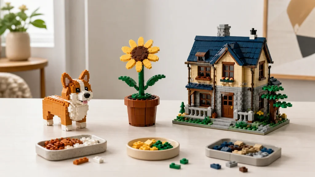 Petit animal, fleur et maison en briques représentant trois niveaux de construction