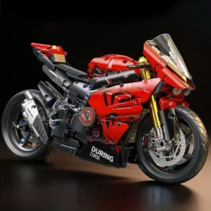 Moto sportive V4 rouge en briques sur fond noir